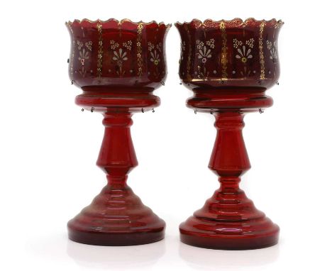 A pair of Victorian ruby glass crown top lustres enamel and gilt border decoration35.5cm high (2)Condition ReportLacking cut 