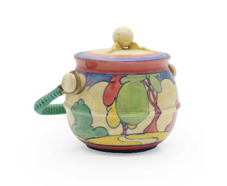 A Clarice Cliff 'Pastel Autumn' biscuit barrel c.1930, of globular form, with hand-painted decoration of a landscape with tre