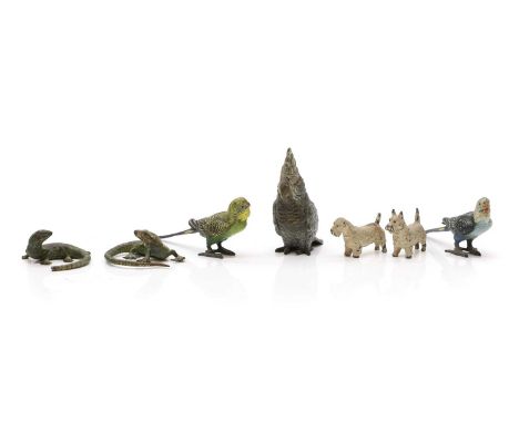 A collection of Austrian cold-painted bronze animals c.1900, comprising two budgerigars, the largest 5cm high, a parrot, 9cm 