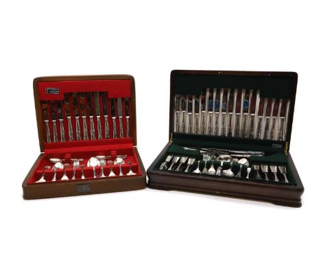 A silver-plated Queens pattern canteen by Butler, for eight settings, comprising table knives, forks and spoons, dessert kniv