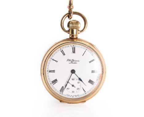 A rolled gold pocket watch, by J.W. Benson and a gold Albert chain, with a rolled gold 50mm diameter case, a white enamel dia