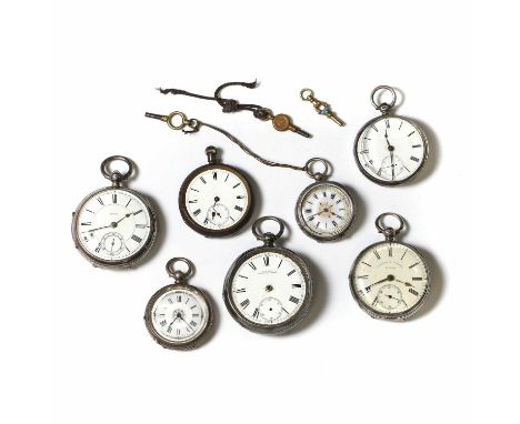 A group of silver open faced pocket and fob watches, four silver key wind open faced pocket watches,a silver open faced pocke