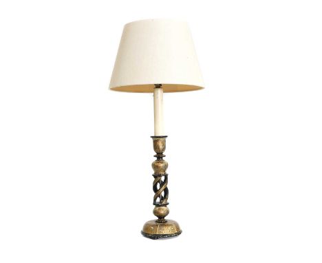 A Kashmiri papier mache table lamp, with gilt painted decoration, with a white shade, 65.5cm highCondition ReportPat Test Pas