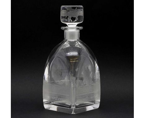 An Orrefors glass decanter mid-20th century, probably designed by Edward Hald, later acid etched with equestrian scenes, the 