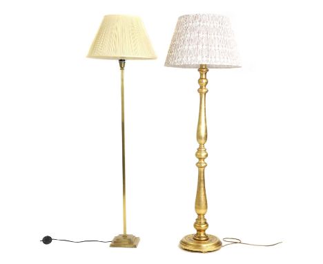 A brass standard lamp, of recent manufacture, with a stepped base, and cream pleated shade,165cm together with a gilt wood st