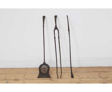 A set of three Regency 'pistol-grip' fire tools, early/mid-19th century, with impressed maker's marks,16.5cm wide76cm high (3