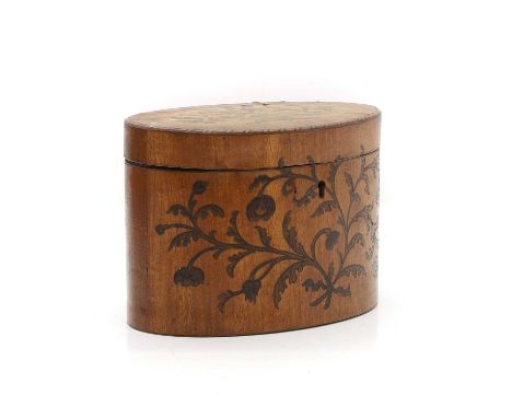 A George III satinwood tea caddy, of oval form, with floral marquetry inlaid decoration to a crossbanded border and chequer i