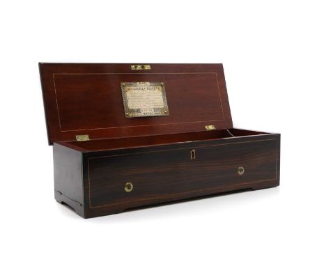 A Nicole Freres rosewood music box late 19th century, Swiss, playing six airs, no. 1072, with a 28cm long cylinder, key wind 