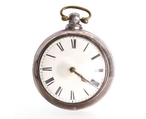 A silver key wind open faced pair cased fusee pocket watch, the outer case 60mm in diameter, the pocket watch 51mm in diamete