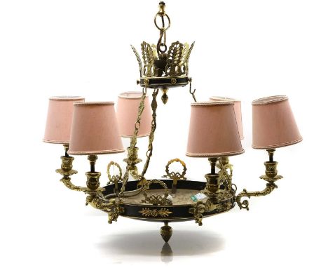 An Empire style bronze six light electrolier with scrolled arms, and pale pink candle clip shades, 65cm wide72cm highConditio
