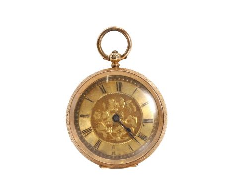 A ladies' key wind open faced fob watch, with an engraved 36mm diameter case, a gilt dial with a central floral engraved pane