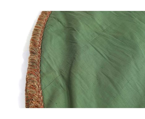 A pale green tablecloth 20th century, round, with fringe trim,95cm diameter,