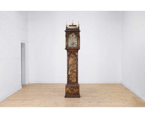 A green and gilt japanned longcase clock, 18th century and later, with a month-going movement with five pillars, striking the