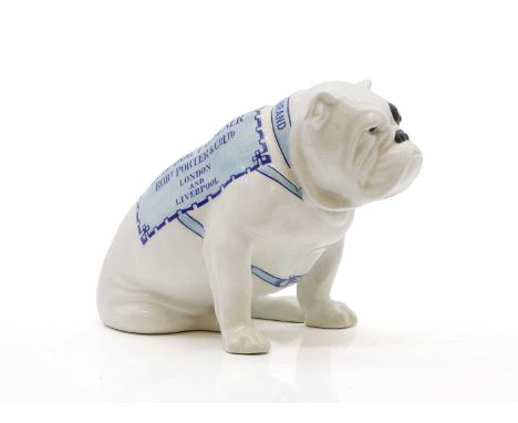 A Royal Doulton pottery Guinness bulldog the white glazed model with blue advertising coat inscribed Bull Dog Pilsner, Robt P