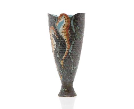 ▲ Roger Cockram (b.1947) studio pottery vase, decorated with seahorses, with a mottled glaze with sgraffito details, with a g