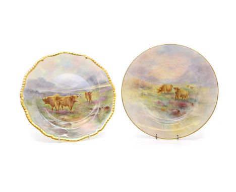 Two Royal Worcester porcelain plates by Edward Townsend, depicting highland cattle, signed, printed marks,26.5cm diameterCond