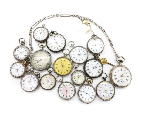 A group of sixteen silver pocket and fob watches predominately Swiss examples, marked 935, and an Art Deco Juvenia example, w