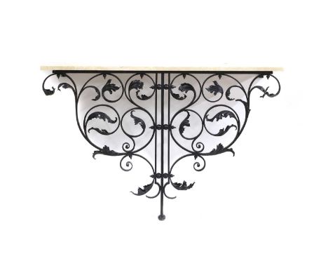 A wrought iron wall mounted console table with marble top,  foliate scroll decoration117cm wide77cm highCondition ReportNo ap