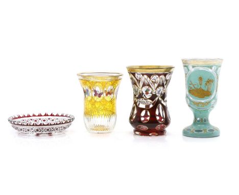 A group of three Bohemian glass vases 19th century, combining two examples with enamelled butterfly decoration to red and yel