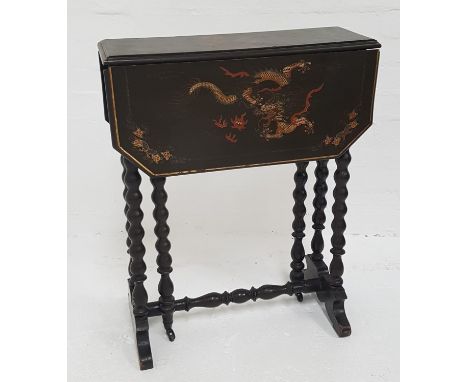 19th CENTURY CHINESE LACQUERED OCCASIONAL TABLEwith shaped drop flaps decorated with dragons, standing on bobbin turned suppo