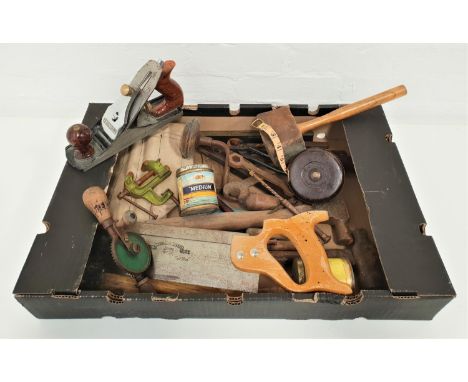 SELECTION OF VINTAGE TOOLSincluding a claw hammer, bradle, surveyors tape measure, pliers, set square, spirit level, axe, han