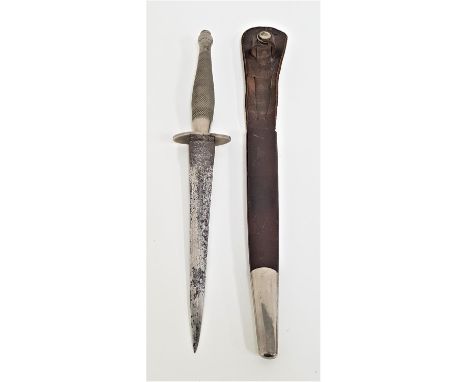 FS FIGHTING KNIFEthe stiletto blade marked 'The F-S Fighting Knife, Wilkinson Sword' with a checkered grip and leather scabba