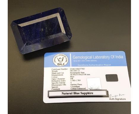 LARGE CERTIFIED LOOSE NATURAL BLUE SAPPHIREthe rectangular step cut sapphire weighing 583cts, with GLI Gemstone Authenticatio