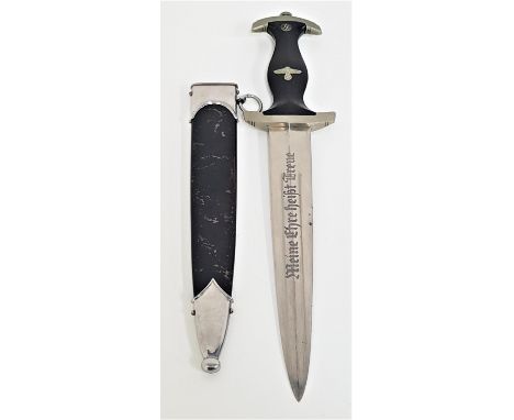 GERMAN WWII SS OFFICERS DRESS DAGGERwith a black ebony handle inset with the enamel SS runes and eagle, the blade marked 'Mei