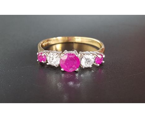 GRADUATED RUBY AND DIAMOND FIVE STONE RINGthe central round cut ruby approximately 0.5cts flanked by diamonds totaling approx