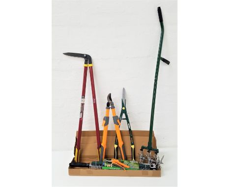 SELECTION OF GARDEN TOOLSincluding a Coopers long handled cultivator, boxed, Coopers hedge shears, boxed, Coopers fake rake f