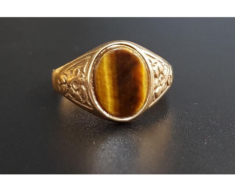 TIGER'S EYE RINGon nine carat gold shank, ring size M-N 