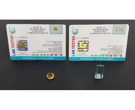 TWO CERTIFIED NATURAL LOOSE GEMSTONEScomprising a rectangular step cut flourite weighing 10.17cts, and an oval cut yellow cit
