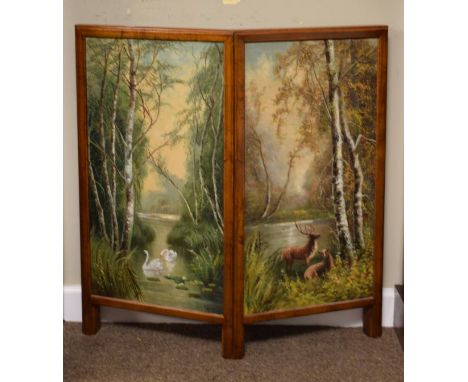 Oak framed firescreen having two oil painted panels depicting stags in landscape and swans on a river   Condition: 