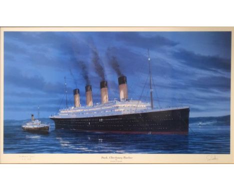 Simon Fisher - Signed print - 'Dusk, Cherbourg Harbour', dated 1998, 34cm x 69.5cm, framed and glazed   Condition: 