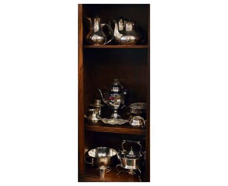 Selection of plated wares to include; Arts &amp; Crafts style planished two handled bowl, four piece tea service, spirit kett