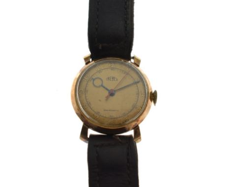 Trebex - Gents 9ct gold wristwatch, Arabic dial, red centre seconds sweep, to a black leather strap   Condition: 