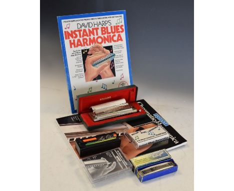 Hohner chromatic 'Super Chromonica' cased, Hohner 'American Ace' harmonica, one other, two instruction cassettes and two book