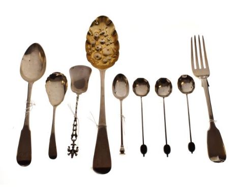 Group of assorted silver flatware to include; George III serving spoon with berry embossed bowl, London 1817, Fiddle pattern 