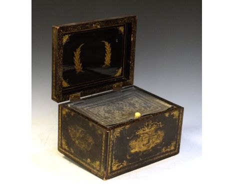 19th Century Chinese lacquered tea caddy, the hinged cover opening to reveal a pewter lined interior with secondary cover dec