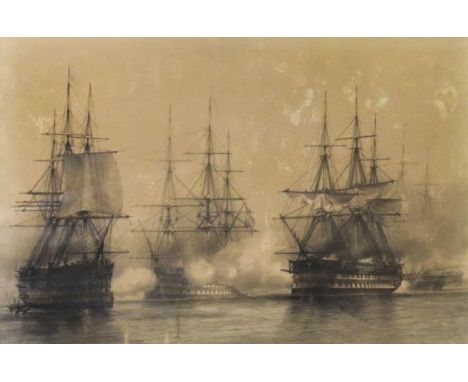 19th Century French lithographic print 'Le Trident, Marine Francaise', depicting three tall-masted ships in a sea battle   Co