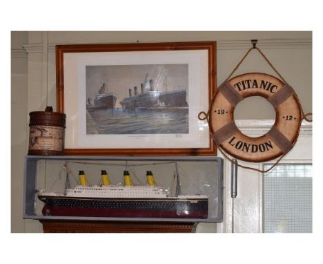 Cased model of the Titanic, together with a signed limited edition print by Harley Crossley, 'Olympic Titanic Belfast 1912', 