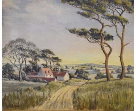 R. Chettle - Oil on canvas - View across valley with farmstead, signed lower left, 49.5cm x 59.5cm in gilt frame   Condition:
