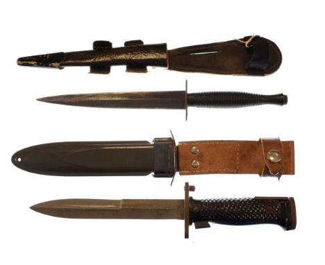 British 3rd pattern commando knife, ribbed metal grip, probably post war with maker William Rogers, Sheffield on cross guard,