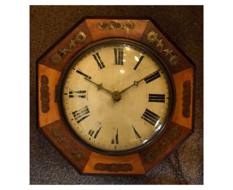 19th Century Black Forest 'Postman's Alarm' style wall clock, with white painted wooden Roman dial within brass inlaid octago