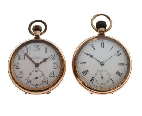 Two gold-plated open-faced pocket watches, the first with Arabic dial, inscribed Miles, 34 Gt. Queen St. Kingsway, W.C., in '
