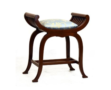 Edwardian string inlaid mahogany dressing or music stool, standing on splayed supports united by stretchers   Condition: 