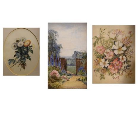 Mid 19th Century oval flower study of Chrysanthemums, watercolour together with D.G. Thompson - Watercolour - A flower garden