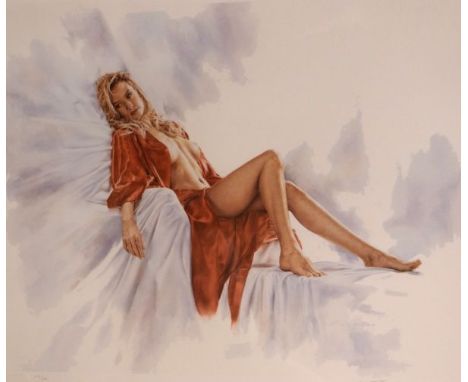 Jonathan R. Gilkes - Signed limited edition print - 'Scarlett', a seated female nude, 252/500, 45cm x 55.5cm, framed and glaz