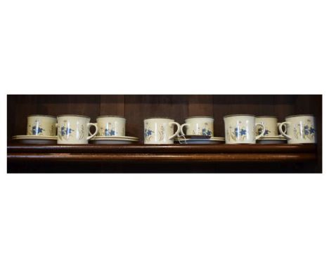 Set of eight modern Royal Doulton cups and saucers decorated with the Hill Top pattern   Condition: 