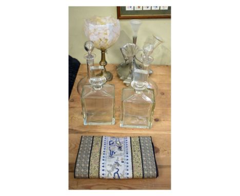 Small selection of glass and plated wares to include a four branch epergne, two pairs of decanters, together with a brass and